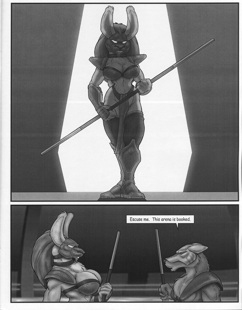 anthro armor bracers dialogue female headgear helmet male mask melee_weapon pauldron polearm shin_guards simple_background staff text weapon ferris wooky hitting_the_showers canid canine canis lagomorph leporid mammal rabbit wolf comic digital_media_(artwork) english_text greyscale monochrome