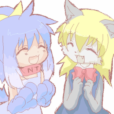 :3 anthro blonde_hair blue_body blue_clothing blue_dress blue_fur blue_hair clothing collar dress duo female fur grey_body grey_fur hair open_mouth red_ribbon ribbons simple_background smile white_background white_face yellow_ribbon young young_anthro young_female unknown_artist futaba_channel os-tan akuma_gaoru inu-t canid canine canis domestic_dog humanoid mammal 1:1 digital_media_(artwork) low_res oekaki source_request unavailable_at_source