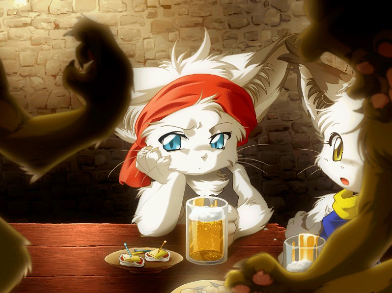 alcohol arm_support bar beverage biped duo_focus feral group holding_object leaning_on_elbow male pub whiskers ikuta_takanon tail_tale yaminabe_aries lick_zack domestic_cat felid feline felis mammal official_art