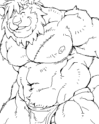 anthro balls barazoku bottomwear clothing eyes_closed genitals kemono loincloth male muscular muscular_male nipples scar solo dandoo felid lion mammal pantherine 2007 2020 4:5 black_and_white low_res monochrome sketch