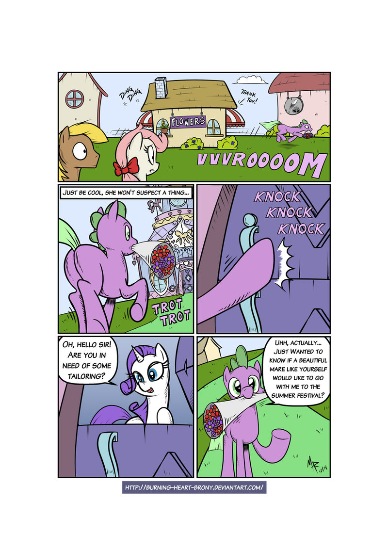 dialogue female feral flower greeting horn male plant text burning-heart-brony friendship_is_magic hasbro my_little_pony mythology rarity_(mlp) spike_(mlp) dragon equid equine horse mammal mythological_creature mythological_equine mythological_scalie pony scalie unicorn 2014 comic english_text url