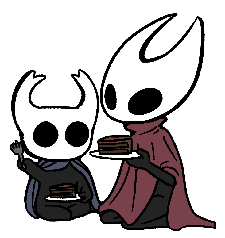 2_horns ambiguous_gender black_body black_eyes blue_cloak blue_clothing cake candy chocolate chocolate_cake cloak clothing cutlery dessert duo fingers food fork holding_fork holding_plate horn kitchen_utensils kneeling mouthless noseless plate red_cloak red_clothing sitting tools white_head fluffyfoxoffate hollow_knight team_cherry hornet_(hollow_knight) the_knight_(hollow_knight) vessel_(species) 2025 alpha_channel digital_media_(artwork) nonbinary_(lore) stepsibling_(lore) stepsister_(lore)