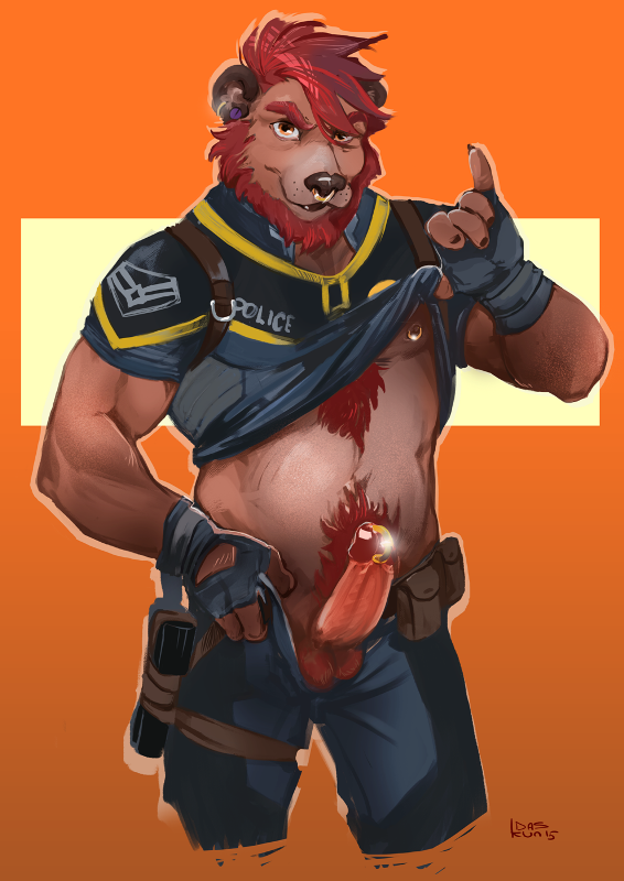 anthro balls beard biceps biped body_hair brown_body brown_fur chest_hair claws clothed clothing clothing_lift ear_piercing erection facial_hair facial_piercing fur genital_piercing genitals hair heart_symbol looking_at_viewer male messy_hair nipple_piercing nipples nose_piercing nose_ring orange_background penis penis_piercing piercing police police_uniform pose prince_albert_piercing pubes red_hair ring_piercing septum_piercing shirt shirt_lift simple_background solo topwear uniform daskun rootbear bear mammal 2015 pinup