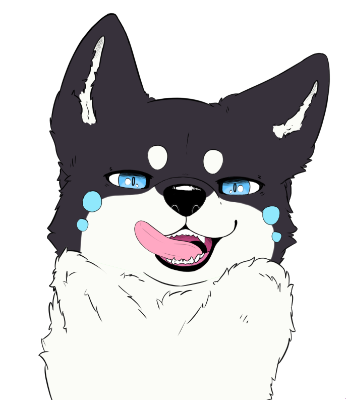 ambiguous_gender black_body black_fur black_nose blue_eyes blue_spots feral fluffy fluffy_ears fur neck_tuft pink_tongue simple_background solo spots teeth tongue tuft white_background white_body white_fur parooty skib canid canine canis domestic_dog fox mammal shiba_inu spitz