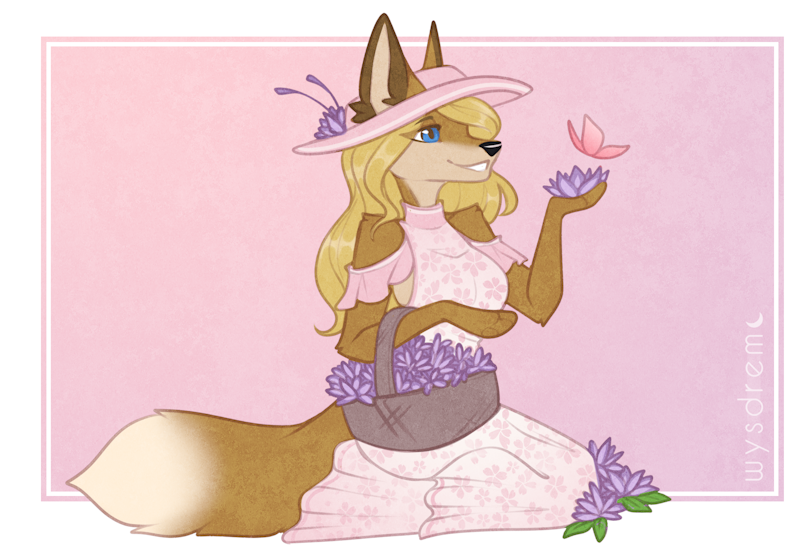 anthro black_nose blonde_hair blue_eyes breasts brown_body brown_fur clothed clothing dipstick_tail dress female flower fur hair hat headgear headwear markings plant solo tail tail_markings wysdrem jennifer_sherwood arthropod butterfly canid canine fox insect lepidopteran mammal