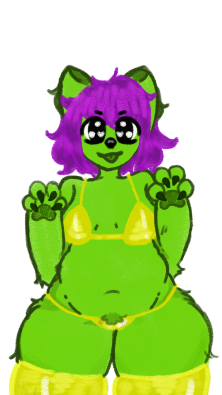 anthro bean bikini breasts claws clothed clothing female fur gold_bikini green_body hair nipples purple_hair simple_background slightly_chubby solo swimwear thick_thighs tongue tongue_out two-piece_swimsuit nyomnyom nyx_(nyomnyom) bat felid feline mammal alpha_channel digital_media_(artwork) hi_res