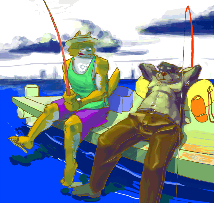 anthro bottomwear brown_body brown_fur clothing duo fishing footwear fur hat headgear headwear kemono male navel outside pants sandals shirt shoes sitting topwear water white_body white_fur motogen canid canine canis domestic_dog mammal 2006