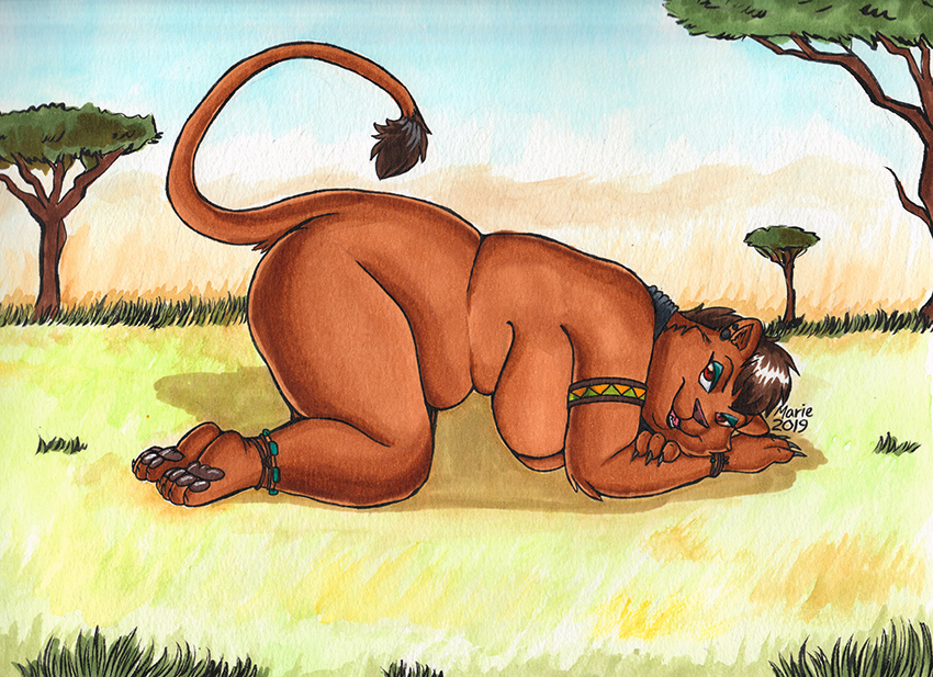 anthro breasts female grass plant solo tree bigladydragon felid lion mammal pantherine