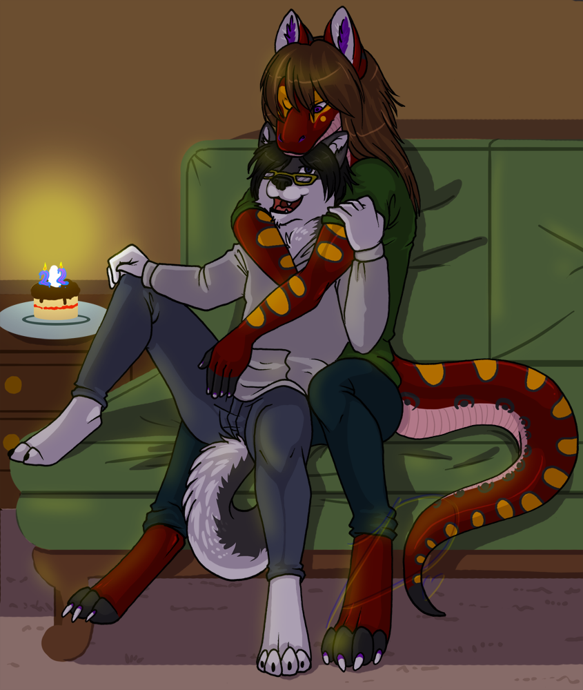 anthro birthday cuddling duo eyewear glasses male rainbow-boa tail disastress servo zer0sanguine boa_(snake) boinae canid canine canis domestic_dog husky mammal nordic_sled_dog rainbow_boa reptile scalie snake spitz