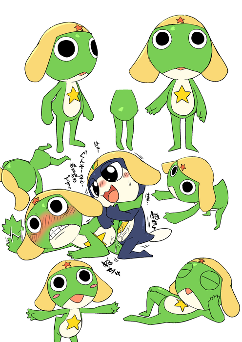 ambiguous_gender blush duo looking_at_viewer male sex simple_background solo standing text white_background young manmosu_marimo sgt._frog keroro tamama amphibian keronian 2017 japanese_text translation_request