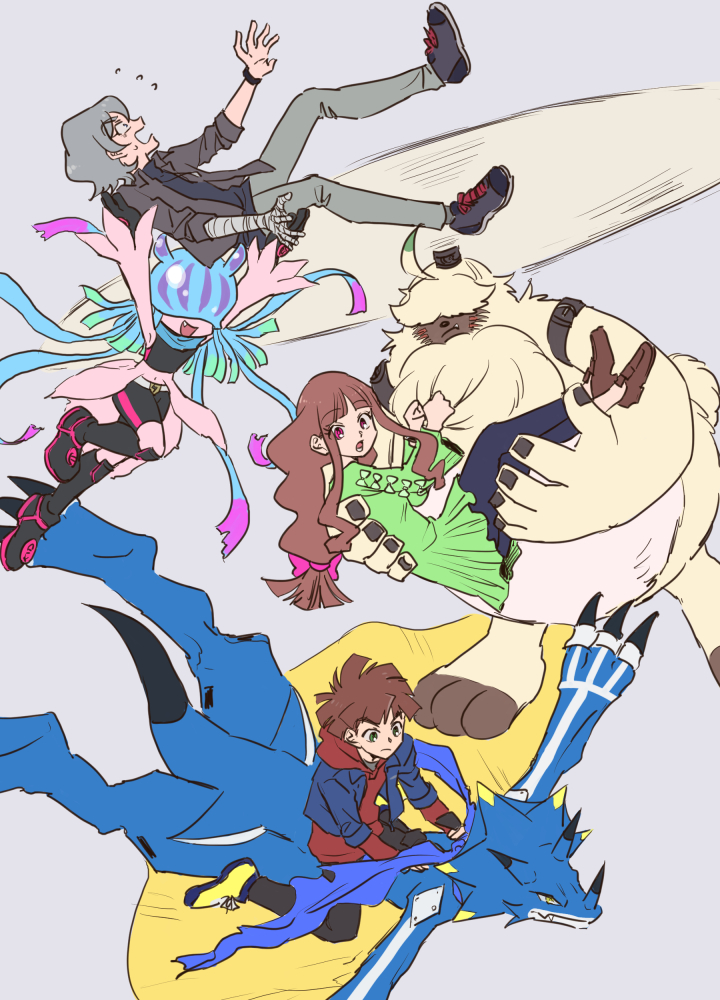 anthro bridal_carry brown_hair carrying_another female flying fur group hair hair_over_eyes helicopter_ears long_ears male ponytail_ears yellow_body yellow_fur haraboudgg bandai_namco digimon digimon_ghost_game angoramon_(ghost_game) hiro_amanokawa kiyoshiro_higashimitarai ruri_tsukiyono angoramon digimon_(species) human humanoid kausgammamon lagomorph leporid mammal rabbit teslajellymon colored