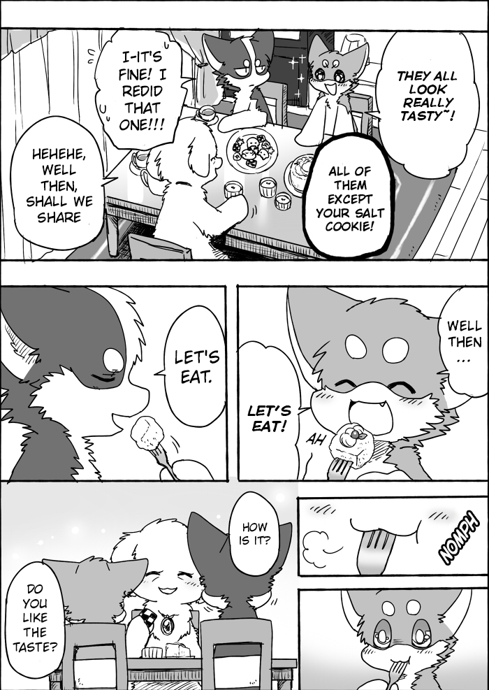 cookie eating eating_food feral food group semi-anthro text ayaka kyappy shibeta canid canine canis domestic_dog husky mammal nordic_sled_dog shiba_inu spitz comic english_text monochrome