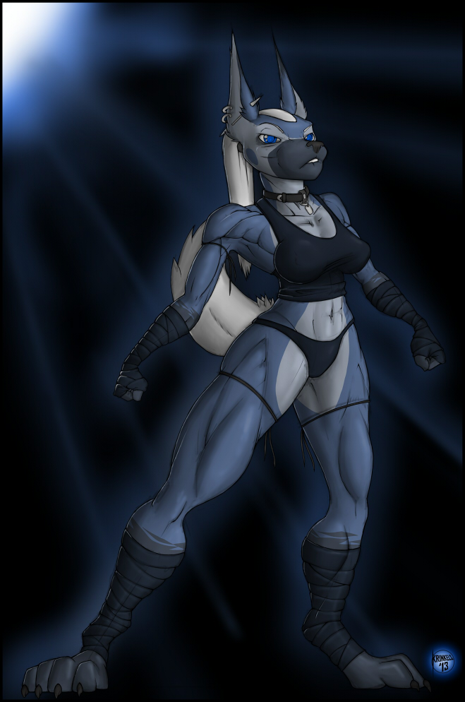 abs anthro clothing female leaning muscular muscular_anthro muscular_female piercing shirt solo tank_top thong topwear underwear krinkels cyera canid canine canis mammal wolf