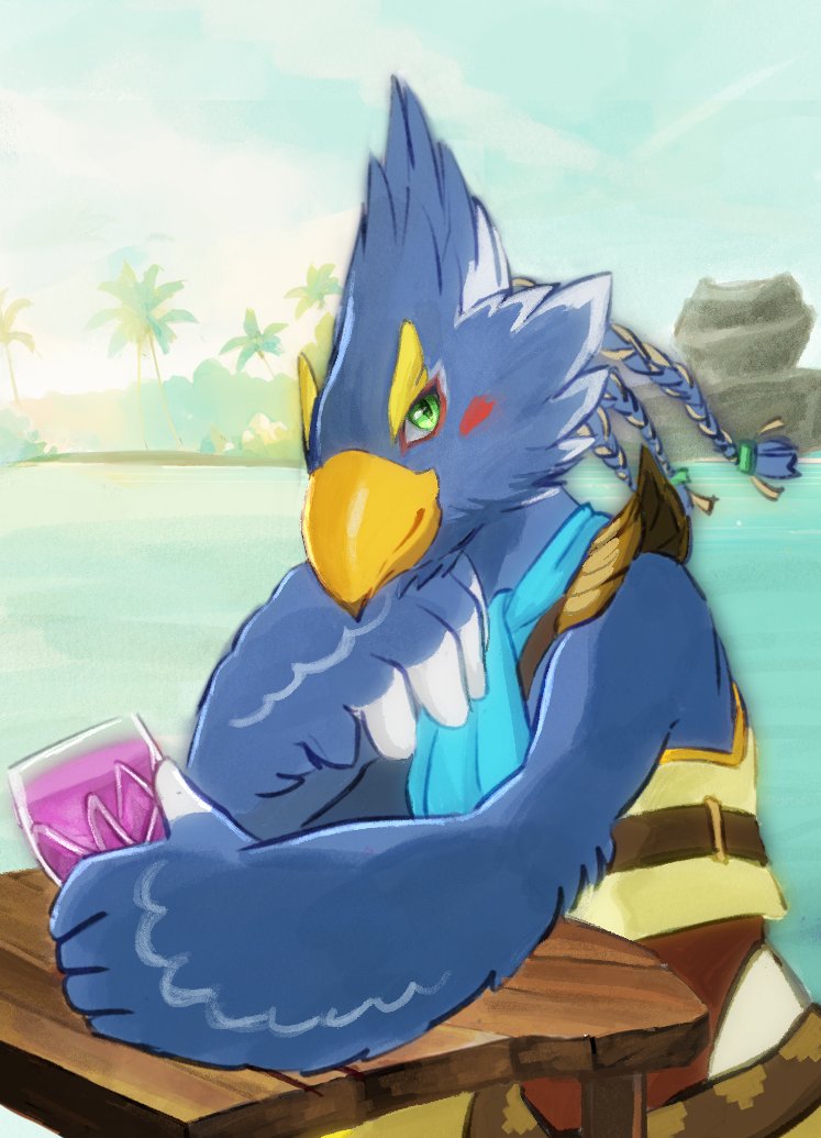 anthro beach beverage braided_hair furniture green_eyes hair looking_at_viewer male palm_tree plant pupils scarf sitting sky slit_pupils smile smiling_at_viewer solo table tree winged_arms wings sheep_riritoto breath_of_the_wild nintendo the_legend_of_zelda revali avian bird rito