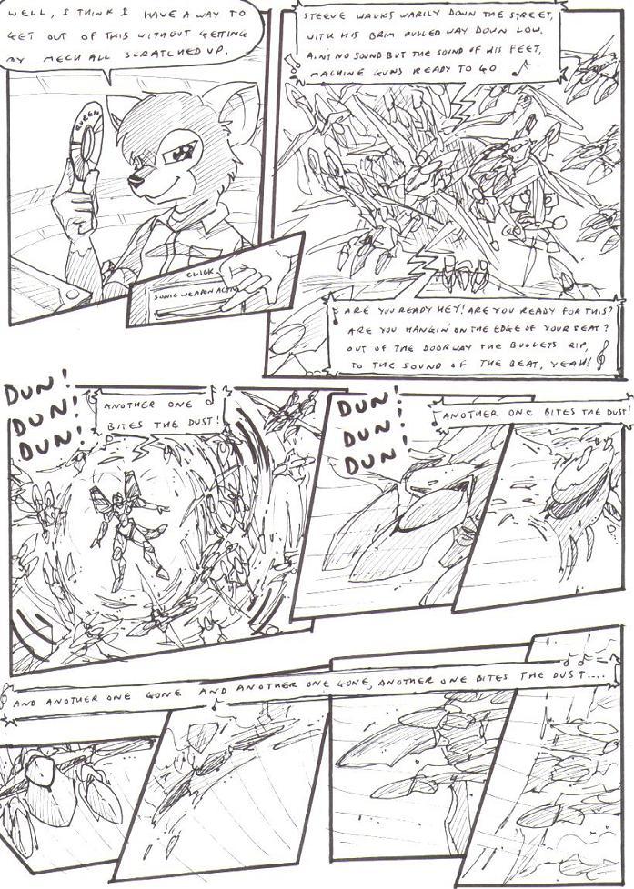 aircraft anthro battle border cd cd_player click clothing destroyed_vehicle destruction dialogue fur hair holding_cd holding_object immobilization loudspeaker machine male mecha music musical_note musical_symbol onomatopoeia outside_border pockets shirt smile solo sound_effects sound_wave speech_bubble symbol text topwear vehicle warzone kitfox-crimson queen_(band) stolen_generation ray_(kitfox-crimson) mammal marsupial unknown_species black_and_white comic english_text monochrome sketch