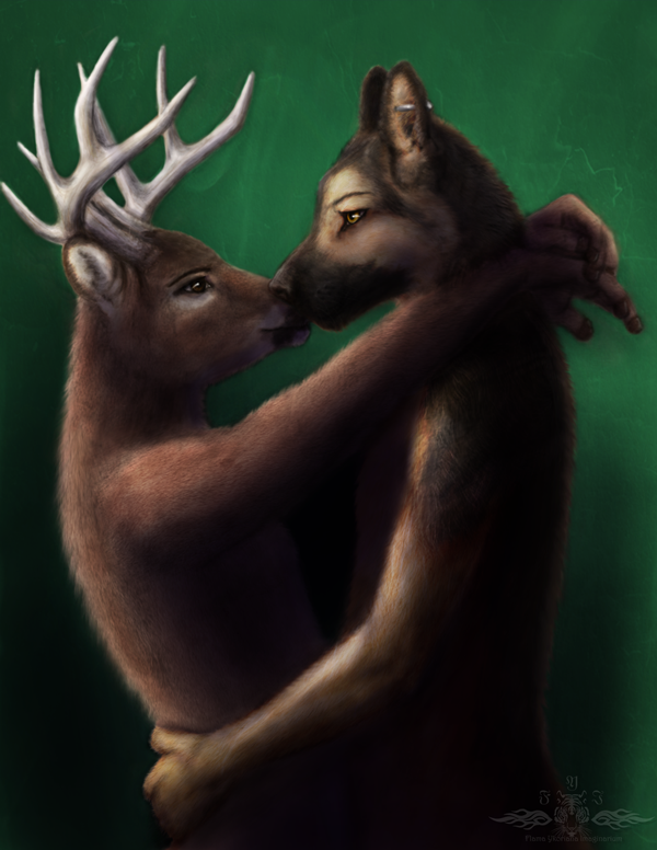 ambiguous_gender anthro antlers duo eye_contact fur green_background grey_body grey_fur horn hug looking_at_another love male nose_to_nose nude nuzzling piercing predator/prey realistic romantic romantic_couple side_view simple_background standing ykoriana canid canine canis deer domestic_dog german_shepherd herding_dog mammal pastoral_dog detailed half-length_portrait portrait