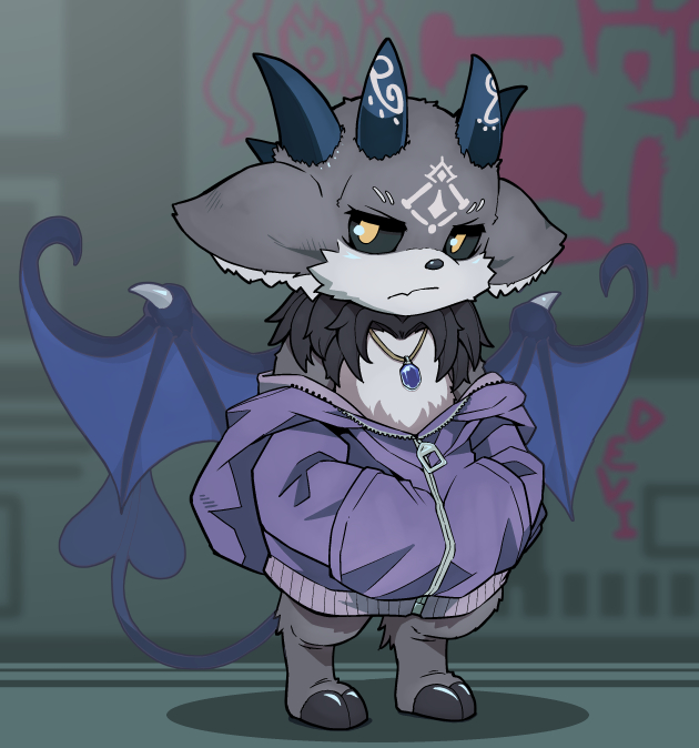 ambiguous_gender anthro biped black_sclera clothed clothing fur graffiti grey_body grey_fur head_horn hoodie hooves horn jewelry looking_at_viewer membrane_(anatomy) membranous_wings necklace semi-anthro solo spade_tail tail text topwear wings yellow_eyes oribiyo nijisanji vtuber debidebi_debiru takamiya_rion demon english_text