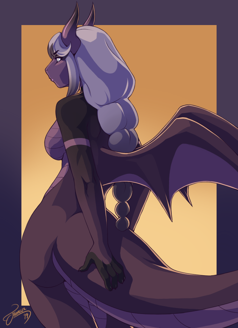 anthro big_tail female hair holding_tail looking_away purple_body purple_skin rear_view solo tail white_hair wings feralise mythology saeva_(character) dragon mythological_creature mythological_scalie scalie