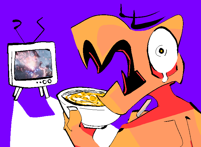 anthro binary_drawing biped black_outline bodily_fluids bowl claws clothed clothing container electronics floating_eyebrows food kitchen_utensils male open_mouth orange_body orange_skin outline pupils purple_background screencap shocked shoulder_blades simple_background solo tears television television_antenna tools topless topless_anthro topless_male yellow_pupils staggermidnight tekken pluma_(staggermidnight) lizard reptile scalie colored digital_drawing_(artwork) digital_media_(artwork) shaded simple_shading