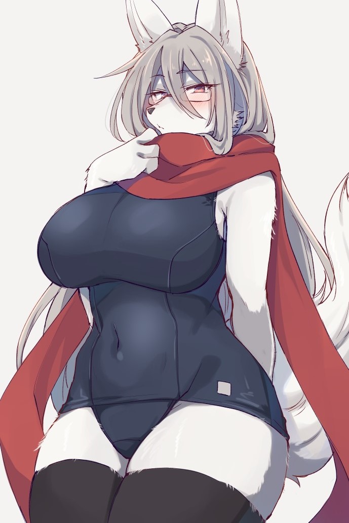 anthro big_breasts black_clothing black_nose breasts cheek_tuft clothing eyebrow_through_hair eyebrows eyewear facial_tuft female fur glasses grey_hair hair hand_behind_back inner_ear_fluff kemono legwear long_hair looking_at_viewer navel one-piece_swimsuit red_clothing red_eyes scarf school_swimsuit simple_background solo swimwear thick_thighs thigh_highs three-quarter_view tight_clothing translucent translucent_hair tuft white_background white_body white_fur wide_hips sgsix canid canine canis mammal wolf