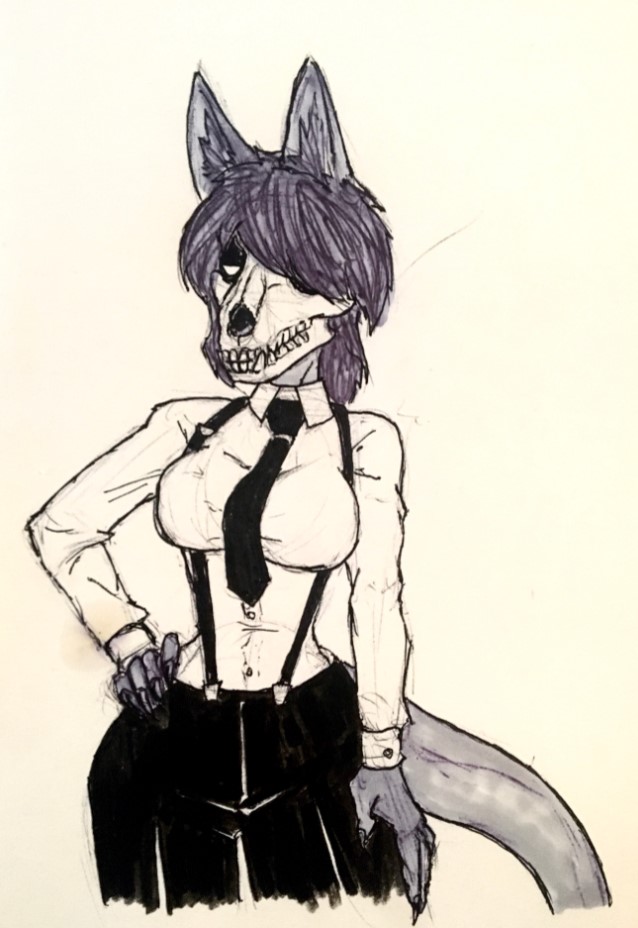 anthro bone breasts business_suit claws clothed clothing female necktie skull skull_head solo suit suspenders victordantes scp_foundation marsh_(marshthemalo) scp-1471-a canid canine canis malo mammal wolf traditional_media_(artwork)