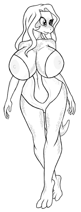 anthro big_breasts breasts clothing female hair huge_breasts non-mammal_breasts simple_background solo sarcolopter samantha_brooks lizard reptile scalie greyscale monochrome