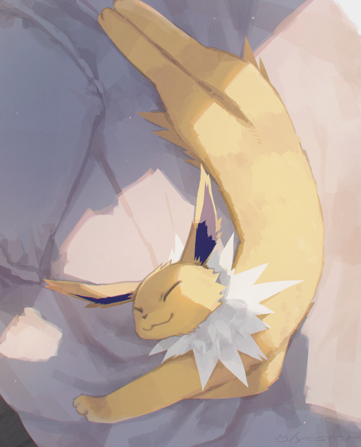 :3 acting_like_a_cat ambiguous_gender bed eyes_closed feral fur furniture lying neck_tuft on_bed solo tuft yellow_body yellow_fur olyester nintendo pokemon eeveelution generation_1_pokemon jolteon pokemon_(species) 2024