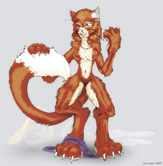 breasts claws clothing digitigrade dipstick_tail female fur gloves hair handwear markings nipples nude paws red_hair shirt simple_background smile solo tail tail_markings tail_tuft topwear transformation tuft whiskers nolaf felid mammal kira_(disambiguation) 2007