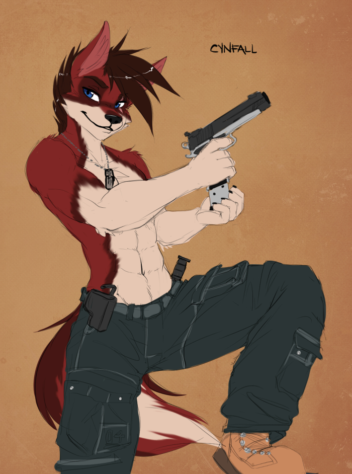 abs adolescent anthro athletic bad_trigger_discipline biceps biped blue_eyes brown_hair clothed clothing fur gun hair handgun jewelry knife m1911 male multicolored_body multicolored_fur muscular muscular_anthro necklace pistol ranged_weapon red_body red_fur simple_background smile solo standing text topless two_tone_body two_tone_fur weapon white_body white_fur young conditional_dnp fluff-kevlar cynfall canid canine canis mammal wolf 2014 digital_media_(artwork)