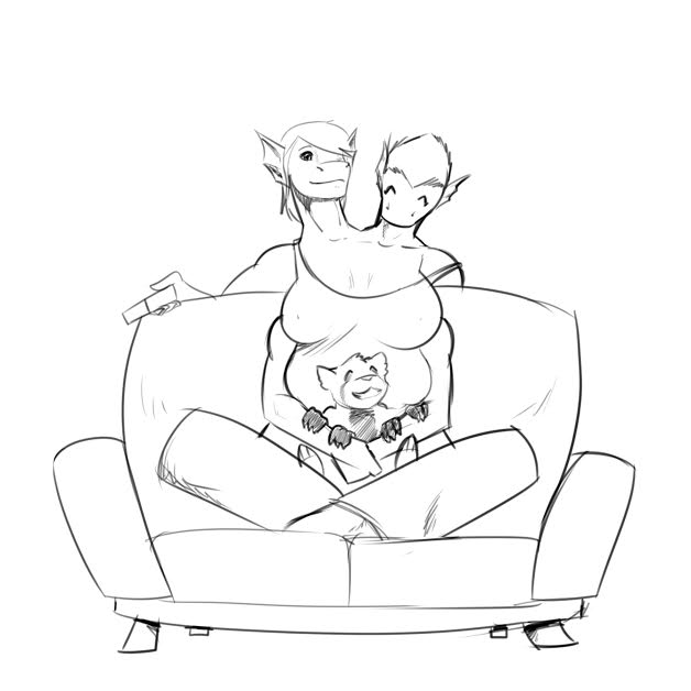 2_heads 4_breasts anthro big_breasts breasts clothed clothing conjoined cuddling duo female fully_clothed furniture multi_arm multi_breast multi_head multi_limb non-mammal_breasts simple_background sofa tv_remote mythology dwaa rhylith rhylith_and_tori dragon mythological_creature mythological_scalie scalie 1:1 black_and_white monochrome