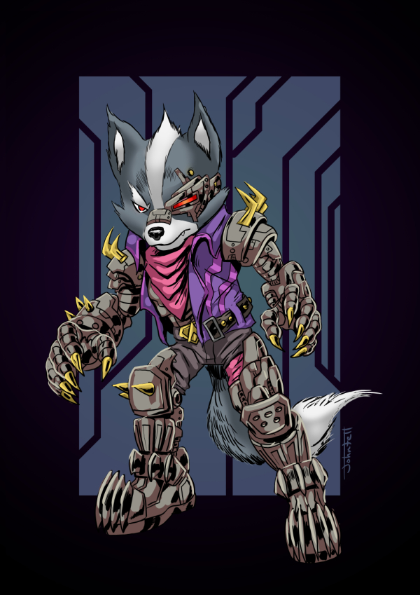 anthro clothing cybernetic_arm cybernetic_eye cybernetic_leg cybernetic_limb cybernetics jacket kerchief machine male solo topwear john_fell nintendo star_fox wolf_o'donnell canid canine canis cyborg mammal wolf