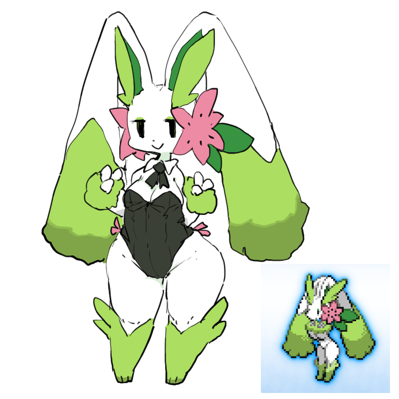 accessory anthro black_eyes breasts bunny_costume clothing collar costume eyelashes female flower flower_(anatomy) fur fusion garter green_body green_fur head_flower leotard necktie open_mouth plant pokemon_fusion short_stack small_nose solo white_body white_fur wide_hips zamuzaza2 nintendo pokemon shayunny elemental_creature flora_fauna generation_4_pokemon hybrid hybrid_pokemon lagomorph land_forme_shaymin legendary_pokemon leporid lopunny mammal pokemon_(species) shaymin 1:1