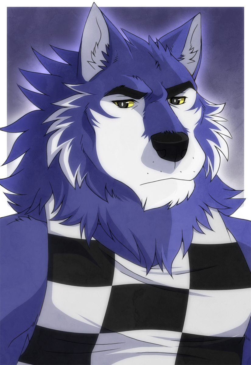 anthro black_eyes clothed clothing fur male purple_body purple_fur shirt simple_background tank_top topwear white_body white_fur aluminemsiren animal_crossing nintendo lobo_(animal_crossing) canid canine canis mammal wolf hi_res portrait