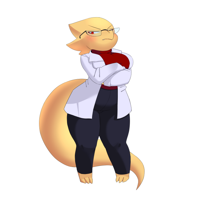 alternate_universe anthro big_chest clothing coat eyewear female glasses judging lab_coat red_eyes short_stack solo tail topwear anarchy_puppet underfell undertale undertale_(series) alphys_(underfell) humanoid 1:1