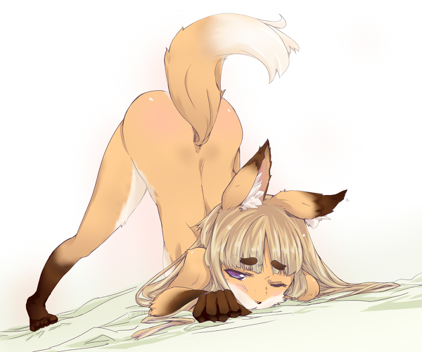 anthro ass_up bed_sheet bedding blonde_hair blue_eyes breasts butt female fur hair looking_at_viewer orange_body orange_fur purple_eyes raised_tail simple_background solo tail white_background kohaku_q canid canine fox mammal 6:5