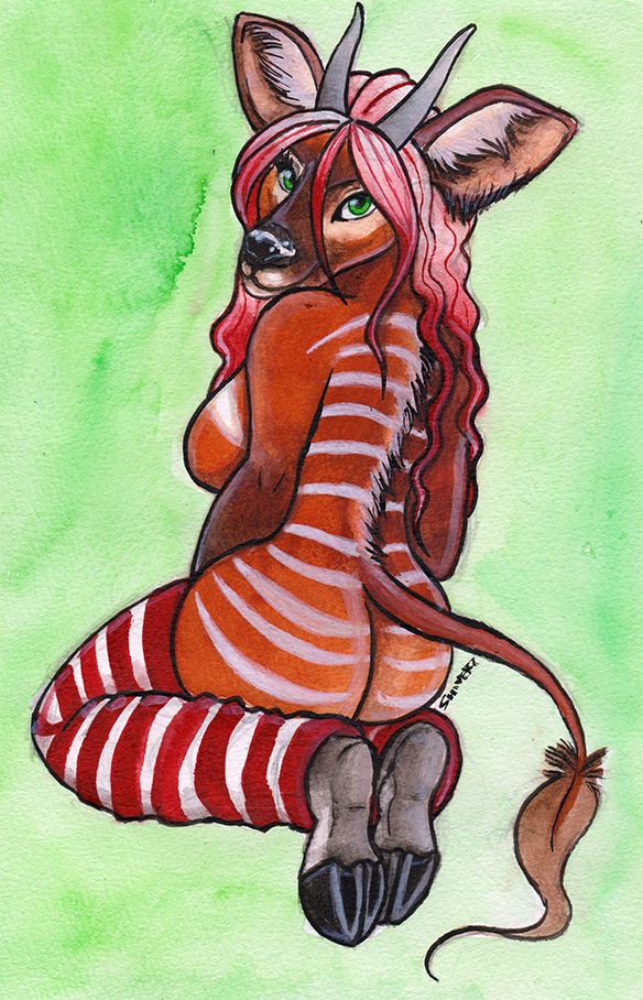 anthro breasts butt clothing female green_background green_eyes hair legwear looking_at_viewer looking_back pose red_hair simple_background solo shiverz antelope bongo_(antelope) bovid bovine mammal spiral-horned_antelope pinup