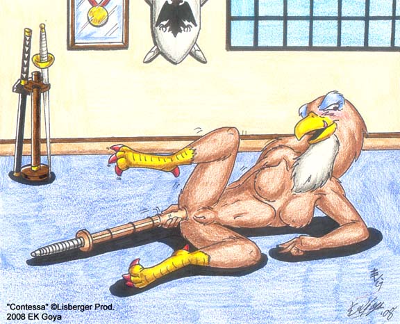 anal anal_masturbation anal_penetration anthro anus beak blush breasts copyright_symbol epee_(sword) female genitals improvised_dildo improvised_sex_toy masturbation melee_weapon naturally_censored nipple_tuft nipples non-mammal_breasts non-mammal_nipples nude penetration pussy solo spread_legs spreading sword symbol training_sword tuft weapon weapon_penetration ek_goya animalympics contessa_(animalympics) avian bird falcon falconid 2008