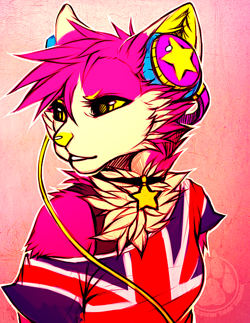 anthro blonde_eyebrows clothing collar electronics eyebrows female fur headphones inner_ear_fluff pink_body pink_fur shirt solo sparklefur star topwear tuft union_jack yellow_eyes yellow_inner_ear_fluff yellow_nose falvie molly_(falvie) canid canine canis domestic_dog fionbri mammal 2012 colorful_theme digital_media_(artwork) warm_colors