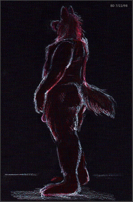 anthro black_background border butt casual_nudity dark fur genitals grey_border humanoid_genitalia humanoid_penis looking_away male nude penis simple_background slightly_chubby solo standing bd canid canine mammal 1998 archived_source colored_pencil_(artwork) pastel_(artwork) traditional_media_(artwork)