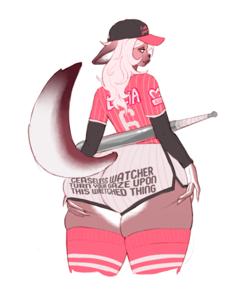 anthro baseball_cap baseball_uniform big_butt butt clothing female fur hat headgear headwear heart_symbol huge_butt looking_back pink_body pink_clothing pink_fur solo sportswear text text_on_clothing uniform aslinino ceaseless_watcher_(meme) lilia_(aslinino) bat canid canine fox mammal