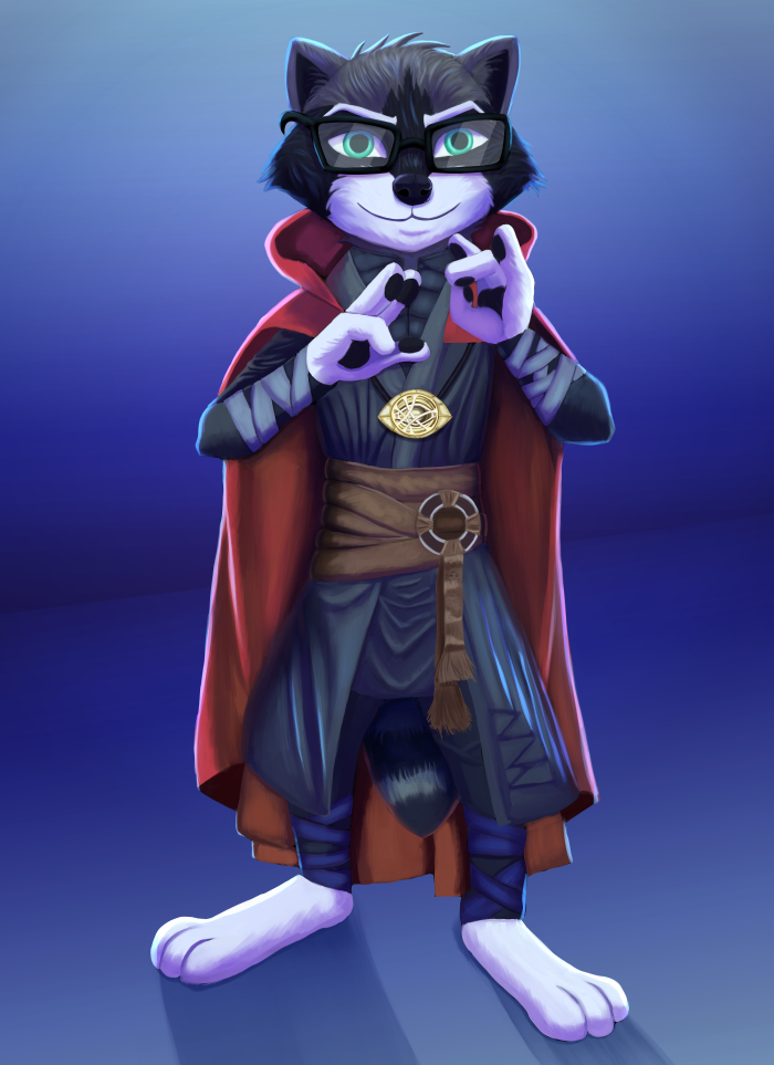 barefoot black_body black_fur cloak clothing cosplay eyewear feet fur glasses grey_body grey_fur jewelry magic male necklace solo what white_body white_fur wolfen_deschain doctor_strange_(series) marvel doctor_strange joseph_wilde mammal procyonid raccoon