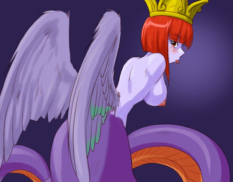 apode armless back_wings blush breasts crown feathered_wings feathers female hair headgear legless looking_at_viewer looking_back looking_back_at_viewer nipples orange_body orange_scales pink_nipples purple_body purple_feathers purple_scales purple_skin red_eyes red_hair scales serpentine short_hair solo split_form spread_wings tongue tongue_out wings purple_bonus supon atlus megami_tensei sega baalsama draconcopode feathered_scalie feathered_snake humanoid lamia reptile scalie snake 2009