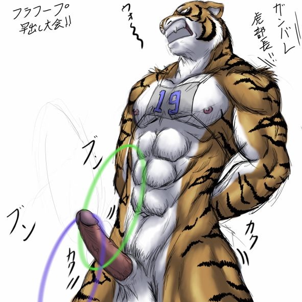 angry anthro balls competitor erection hula_hoop male navel nude penis ring_toss simple_background solo stripes white_background bomb_(artist) felid mammal pantherine tiger 1:1