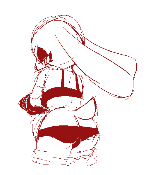 anthro bottomwear bottomwear_down bra butt clothed clothing female holding_clothing holding_object looking_back partially_clothed rear_view simple_background solo standing tail underwear undressing white_background unknown_artist lagomorph mammal monochrome red_and_white sketch