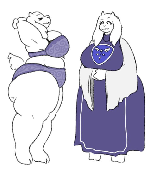 anthro bra breast_squish breasts clothed clothing female front_view huge_thighs panties side_view simple_background slightly_chubby slightly_chubby_female solo squish stretching thick_thighs underwear white_background mexifurfoof undertale_(series) toriel bovid caprine goat mammal 2023 sketch