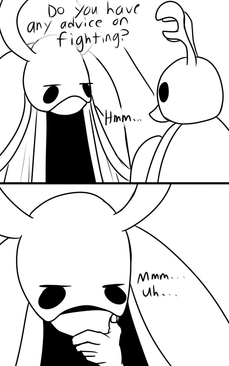 2_horns 2_panel_comic 5_fingers ambiguous_gender antennae_(anatomy) black_eyes black_text clothed clothing dialogue duo ellipsis eyebrows fingers horn looking_at_another male mouth_closed nails open_mouth question question_mark talking_to_another text thinking white_head skeletorskeletonized hollow_knight team_cherry bretta_(hollow_knight) elderbug_(hollow_knight) arthropod beetle insect 2020 5:8 comic digital_media_(artwork) english_text hi_res monochrome