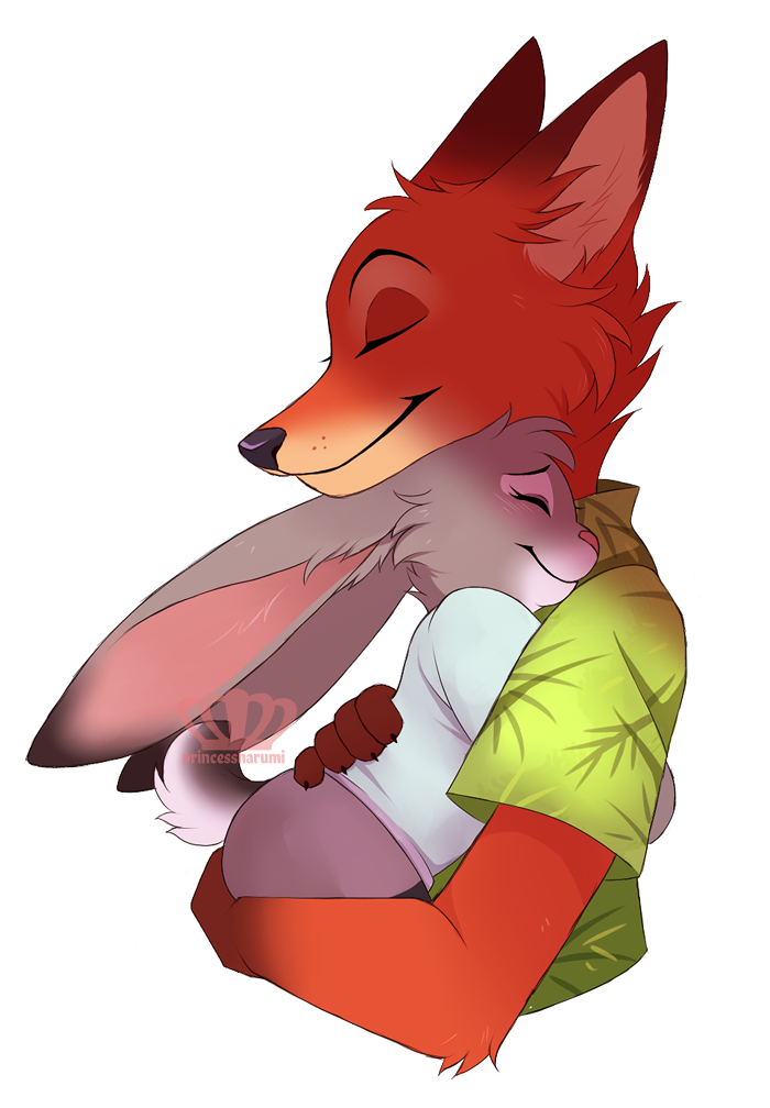 anthro duo eyes_closed female happy hug male simple_background white_background princessharumi disney zootopia judy_hopps nick_wilde canid canine fox lagomorph leporid mammal rabbit red_fox true_fox