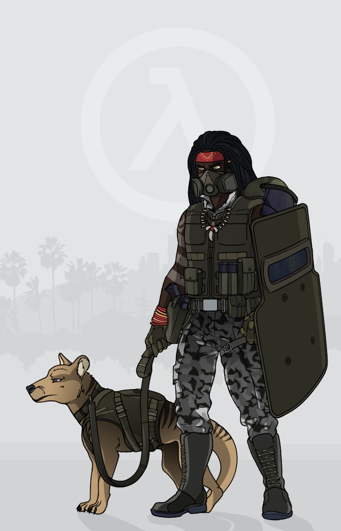 aboriginal armor athletic ballistic_shield battle belt body_armor bodypaint boots bottomwear bulletproof_vest camo clothing collar combat_boots dark_body dark_skin duo fanfiction feral feral_armor footwear furgonomics gas_mask gun handgun headgear hecu_marine helmet holding_leash holding_object holster holstered_pistol jewelry kerchief leash male marines mask military muscular necklace palm_tree pants pistol plant police_k9_unit ranged_weapon riot_gear shield shoes simple_background soldier tactical tactical_gear tactical_gloves tooth_necklace tree tribal urban_camo utility_belt warrior weapon yellow_eyes aleone glock half-life valve fan_character dasyuromorph human mammal marsupial recently_extinct_species thylacine