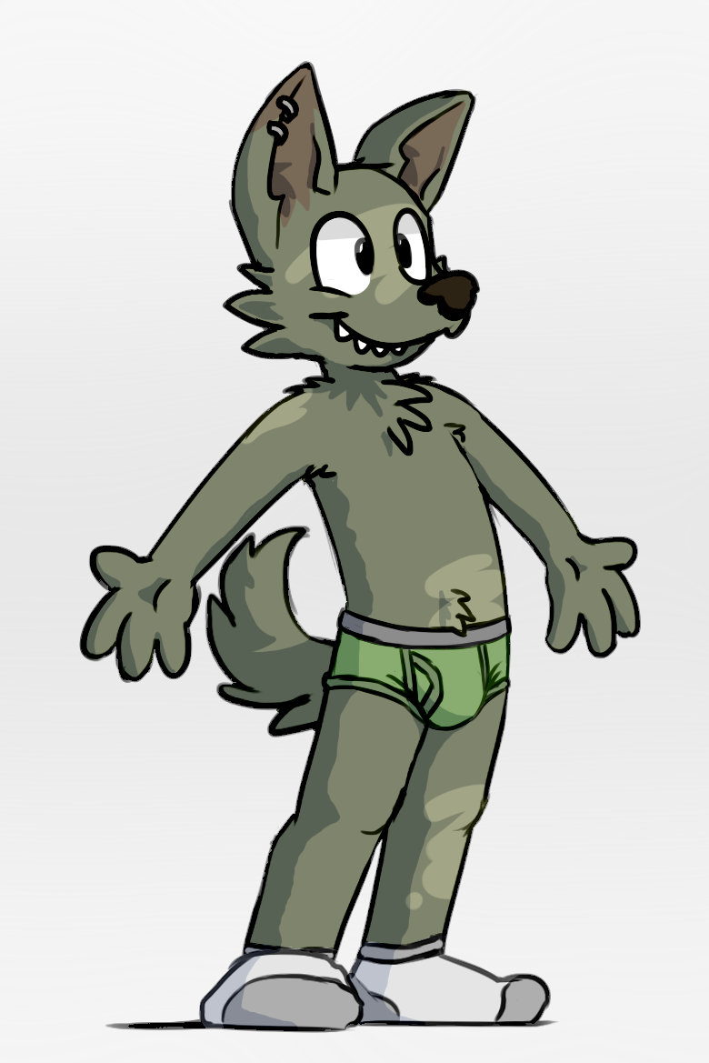 anthro briefs bulge clothing ear_piercing footwear green_briefs green_clothing green_underwear happy legwear male max_(goronic) piercing smile socks solo standing teeth underwear white_clothing white_footwear white_legwear white_socks goronic tinydeerguy canid canine canis mammal wolf digital_media_(artwork) full-length_portrait portrait