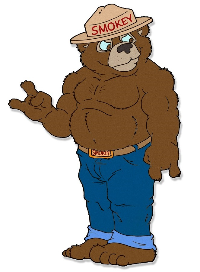 anthro barefoot belt black_nose blue_bottomwear blue_clothing blue_jeans blue_pants blue_sclera bottomwear brown_belt brown_eyes clothed clothing denim denim_bottomwear denim_clothing feet jeans male musclegut muscular muscular_male pants red_text simple_background smile solo text topless topless_male white_background brucebadger united_states_forest_service smokey_bear bear mammal character_name